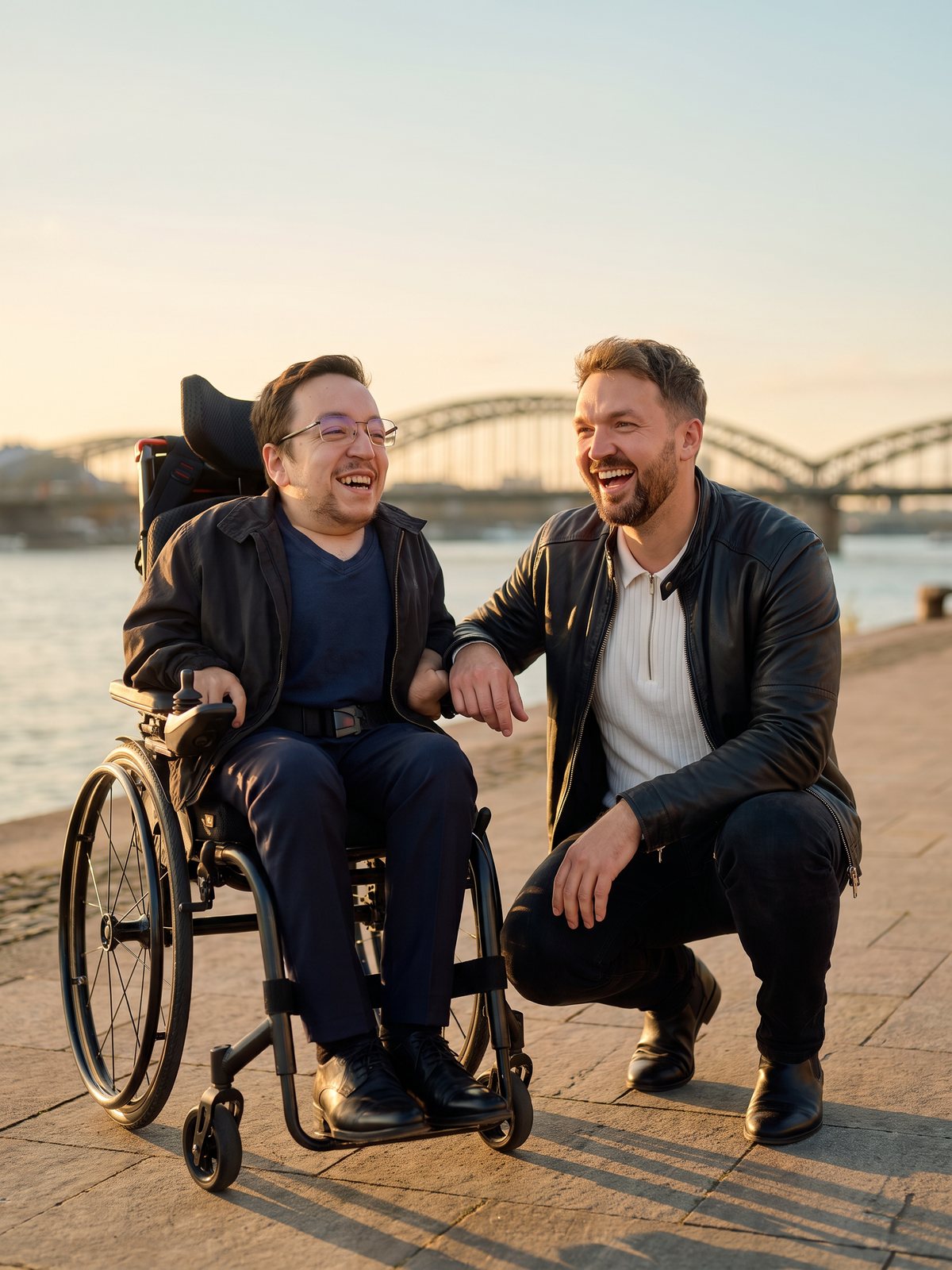 Marco geht neben Jaco in die Hocke, beide lachen; im Hintergrund der Rhein und die Hohenzollernbrücke